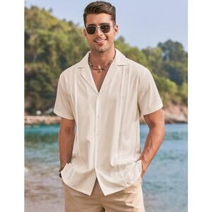Cubana Fashion Guayabera Short Sleeve Button Down Summer Beach Lt Khaki Sz L